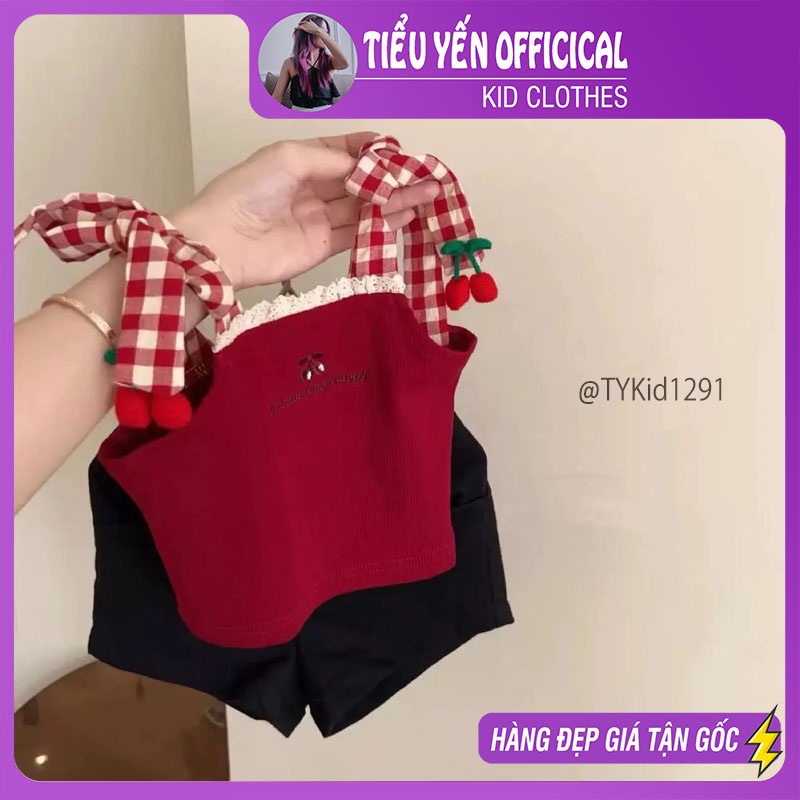 S1291-Quần áo hè bé gái, set 2 dây tăm đỏ và quần đen Tiểu Yến KID