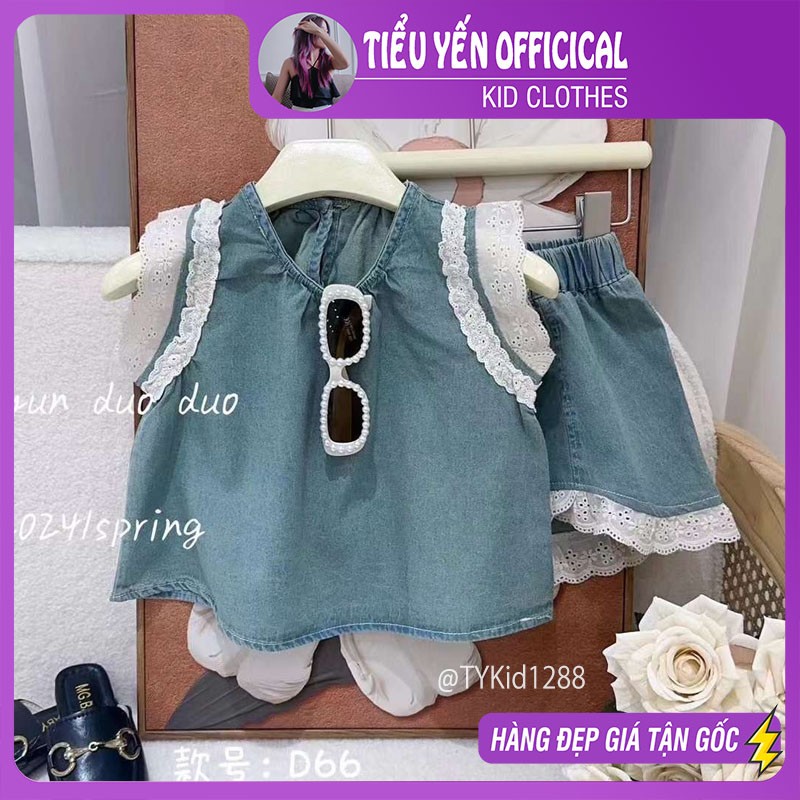 S1288-Quần áo hè bé gái, set denim xanh phối viền ren Tiểu Yến KID