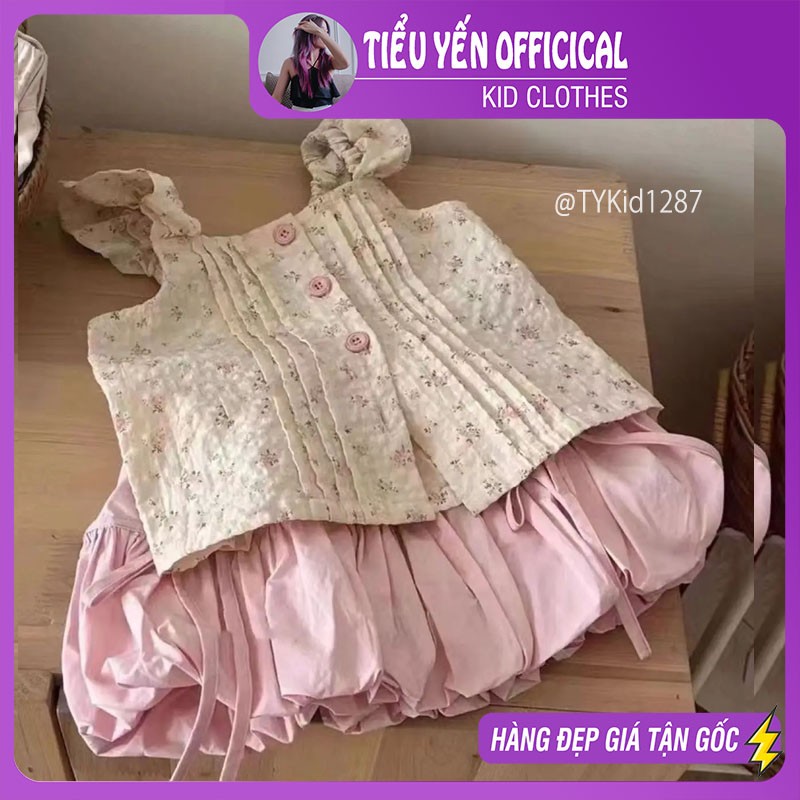 S1287-Quần áo hè bé gái, set 2 dây hoa hồng và quần bí hồng Tiểu Yến KID