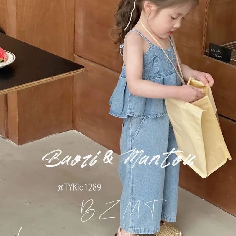 S1289-Quần áo hè bé gái, set 2 dây denim vải mềm mát Tiểu Yến KID