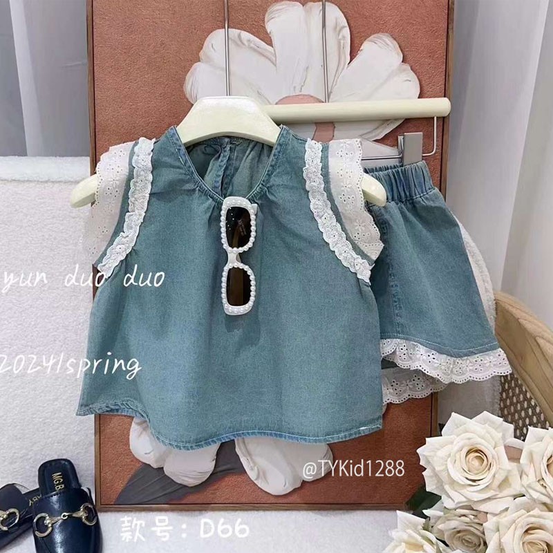 S1288-Quần áo hè bé gái, set denim xanh phối viền ren Tiểu Yến KID