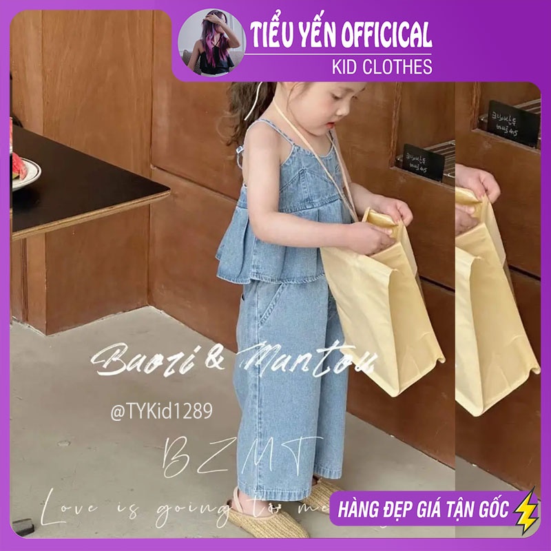 S1289-Quần áo hè bé gái, set 2 dây denim vải mềm mát Tiểu Yến KID