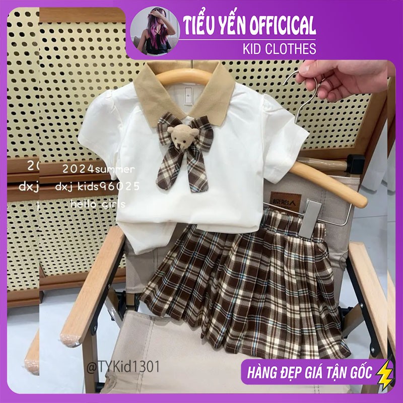 S1301-Quần áo hè bé gái, set áo polo và chân váy caro xếp ly Tiểu Yến KID