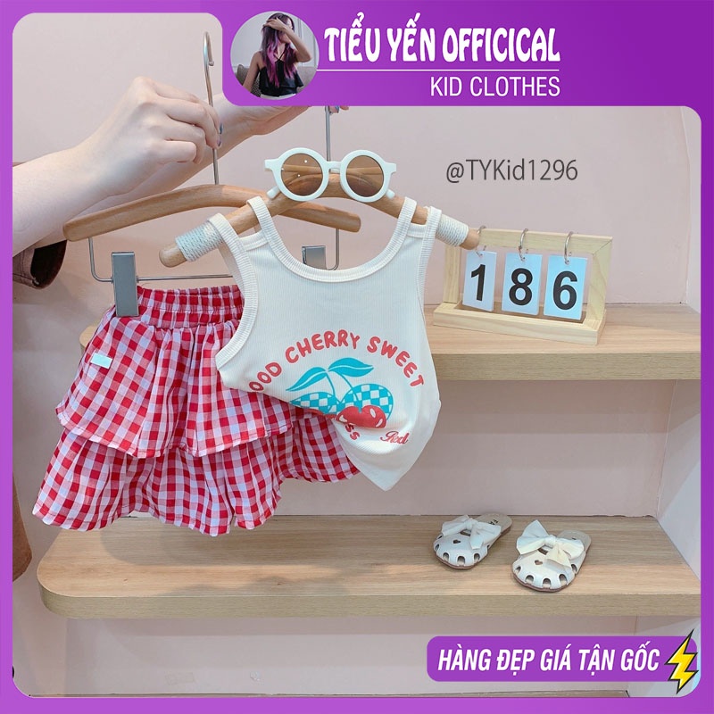 S1296-Quần áo hè bé gái, set áo 2 dây cherry kem chân váy caro đỏ Tiểu Yến KID