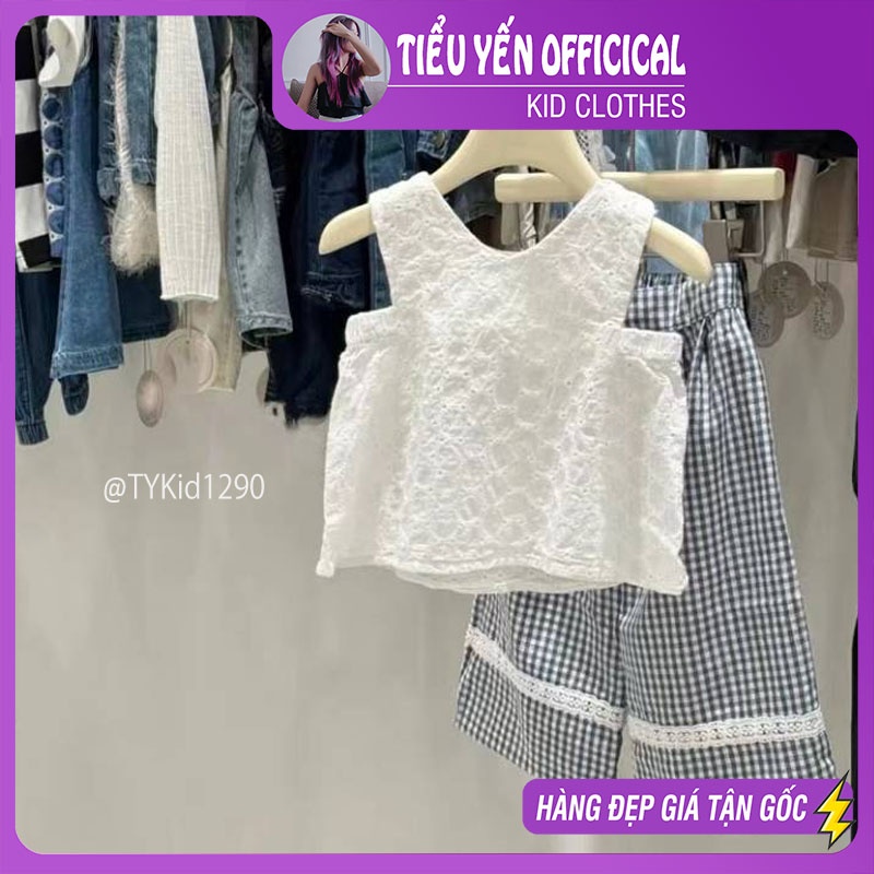 S1290-Quần áo hè bé gái, set áo ren trắng quần suông caro đen Tiểu Yến KID