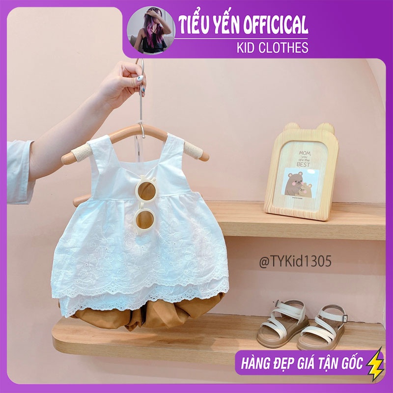 S1305-Quần áo hè bé gái, áo thô ren và quần bí nâu Tiểu Yến KID