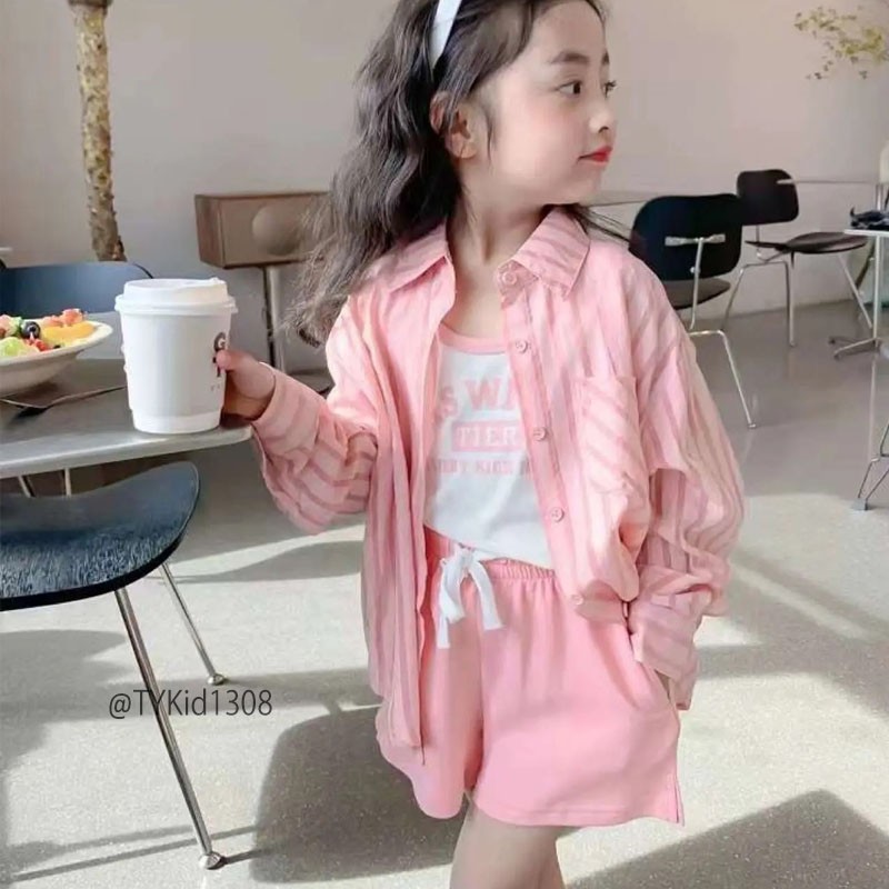 S1308-Quần áo hè bé gái, set 3 chi tiết cao cấp sơ mi, áo thun và quần Tiểu Yến KID