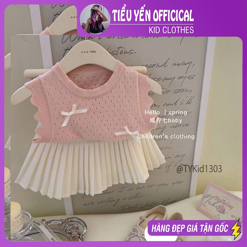 S1303-Quần áo hè cao cấp bé gái, áo len hồng và chân váy xếp ly Tiểu Yến KID