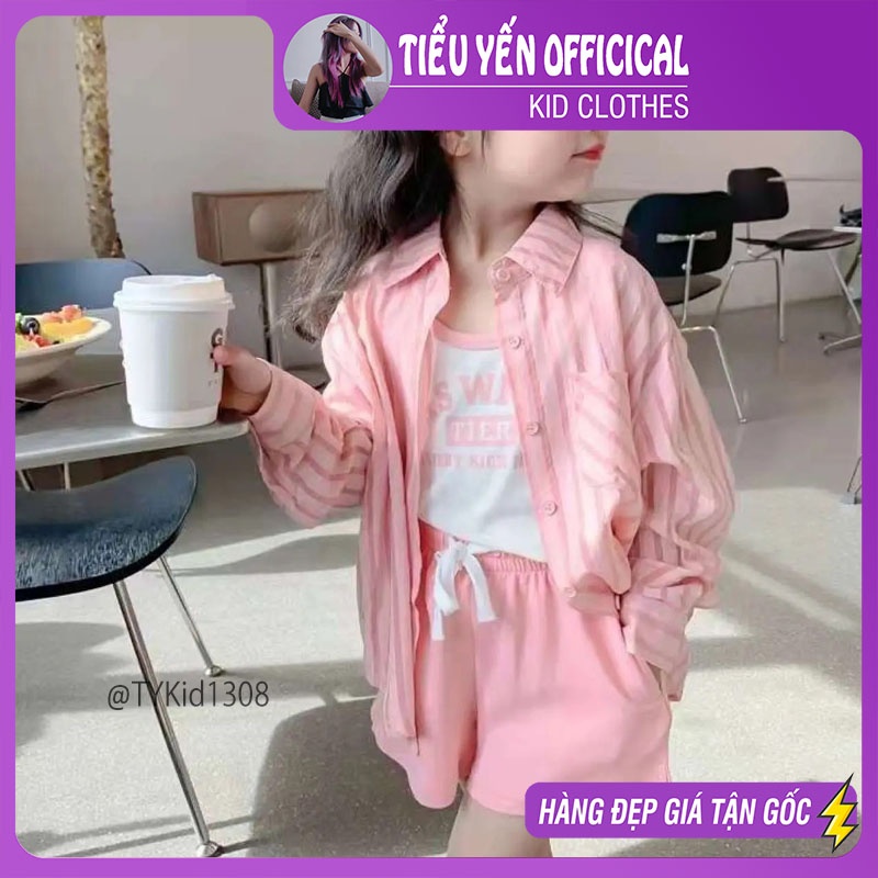 S1308-Quần áo hè bé gái, set 3 chi tiết cao cấp sơ mi, áo thun và quần Tiểu Yến KID