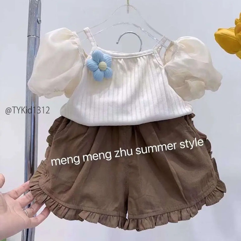 S1312-Quần áo hè bé gái, set áo tay bồng và quần thô nâu Tiểu Yến KID