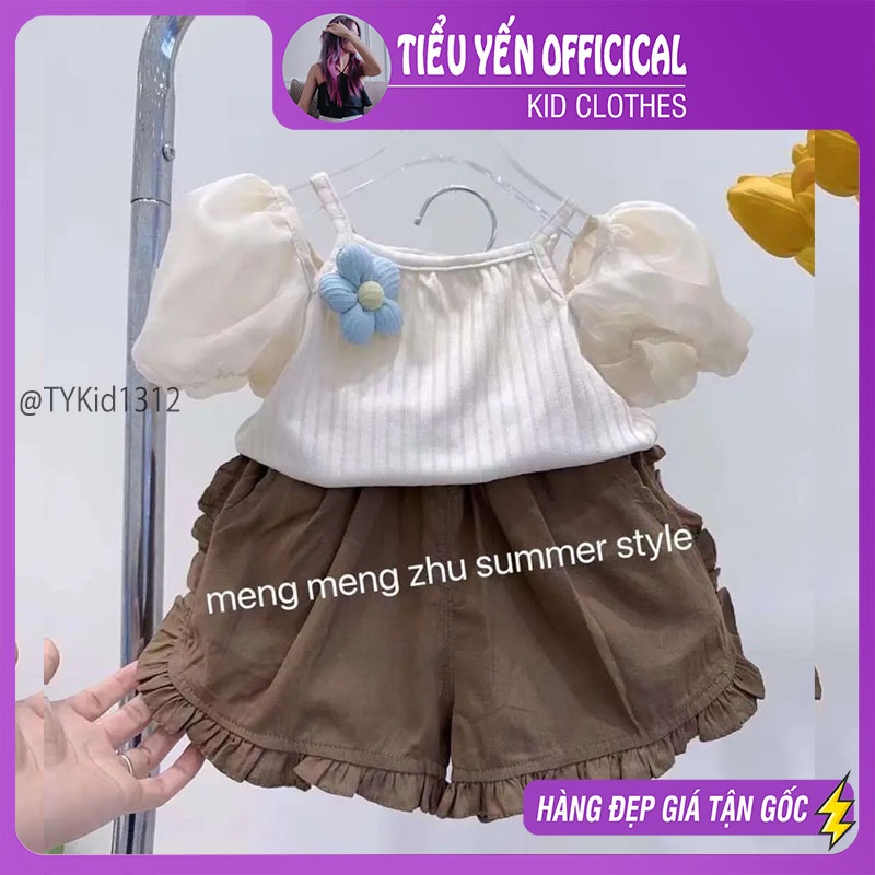 S1312-Quần áo hè bé gái, set áo tay bồng và quần thô nâu Tiểu Yến KID