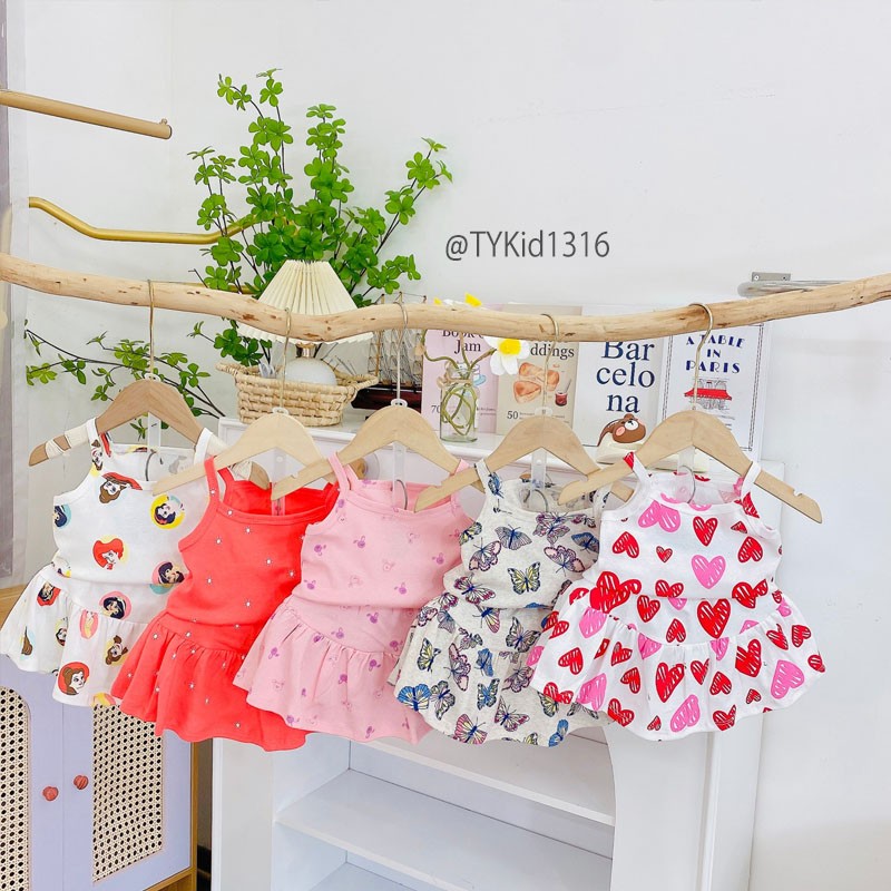 S1316-Đồ bộ mặc nhà bé gái, bộ cotton 2 dây chân váy có quần bên trong Tiểu Yến KID