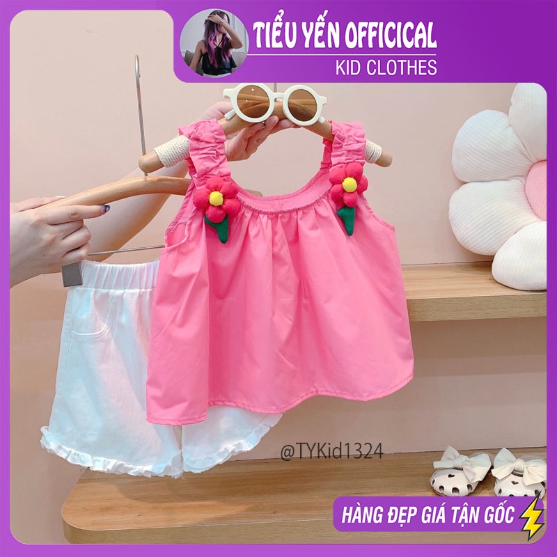 S1324-Quần áo hè bé gái, set 2 dây đính hoa hồng và quần jean Tiểu Yến KID