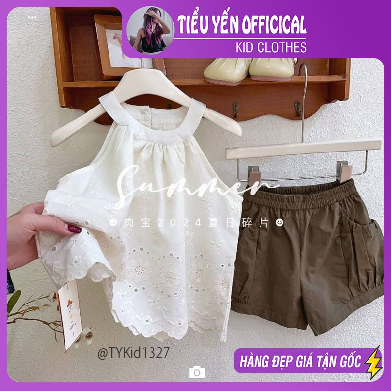 S1327-Quần áo hè bé gái, áo thô ren cổ yếm và quần nâu Tiểu Yến KID