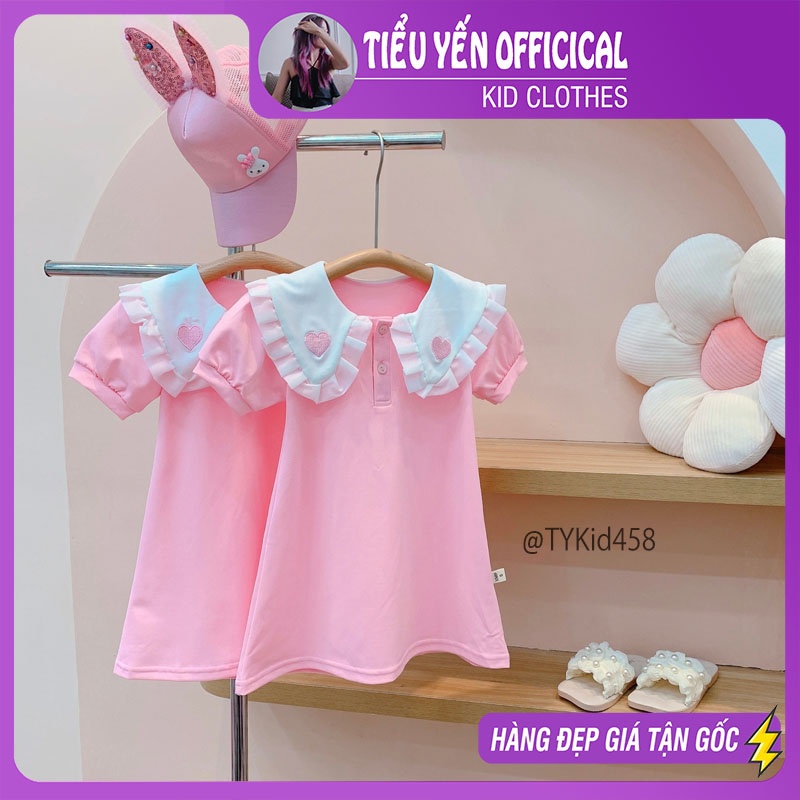 V458-Váy hè bé gái, váy polo hồng vải mềm cổ trái tim Tiểu Yến KID