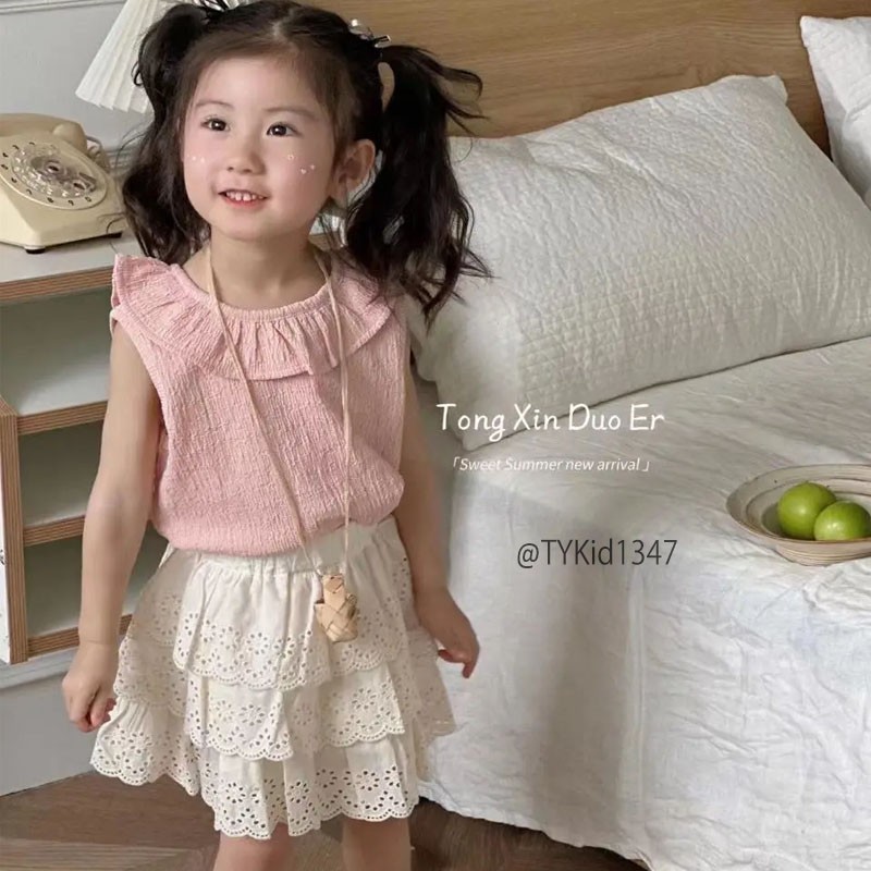 S1347-Quần áo hè bé gái, áo cổ bèo hồng và chân váy ren Tiểu Yến KID