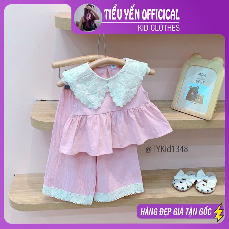 S1348-Quần áo hè bé gái phong cách Hàn, set thô hồng phối cổ ren vải mềm Tiểu Yến KID