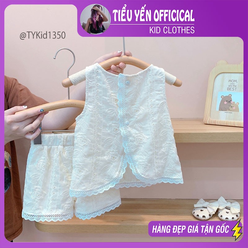 S1350-Quần áo hè bé gái, set ren kem mềm có lớp lót Tiểu Yến KID