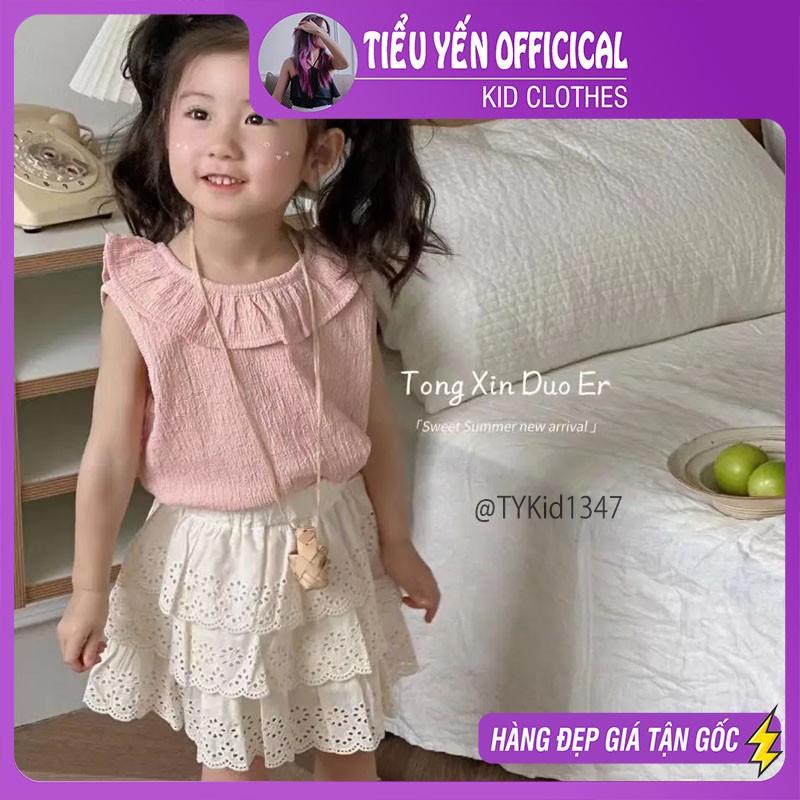 S1347-Quần áo hè bé gái, áo cổ bèo hồng và chân váy ren Tiểu Yến KID