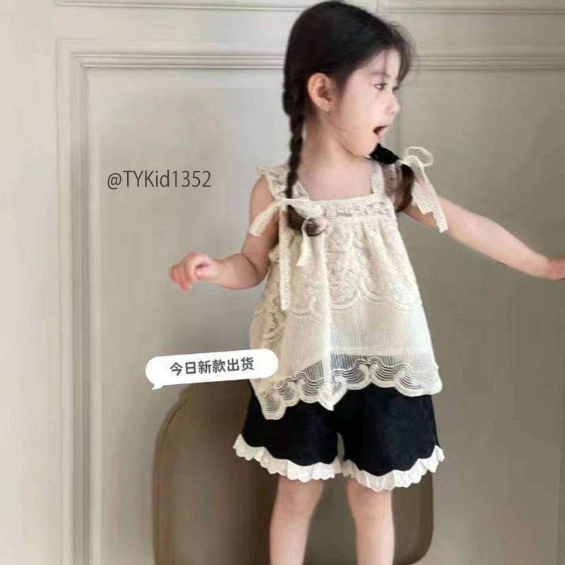 S1352-Quần áo hè cao cấp bé gái, set 2 dây ren và quần đen phối ren Tiểu Yến KID