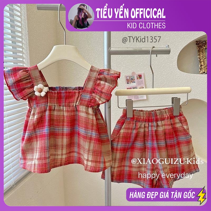 S1357-Quần áo hè bé gái, bộ 2 dây thô mềm họa tiết caro đỏ Tiểu Yến KID