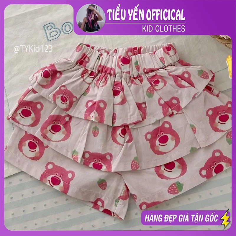 Q123-Quần mùa hè bé gái, quần thô dáng váy họa tiết gấu lotso hồng Tiểu Yến KID