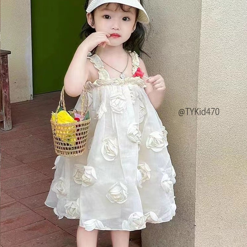 V470-Váy công chúa cao cấp bé gái, dáng 2 dây hoa 3D Tiểu Yến KID