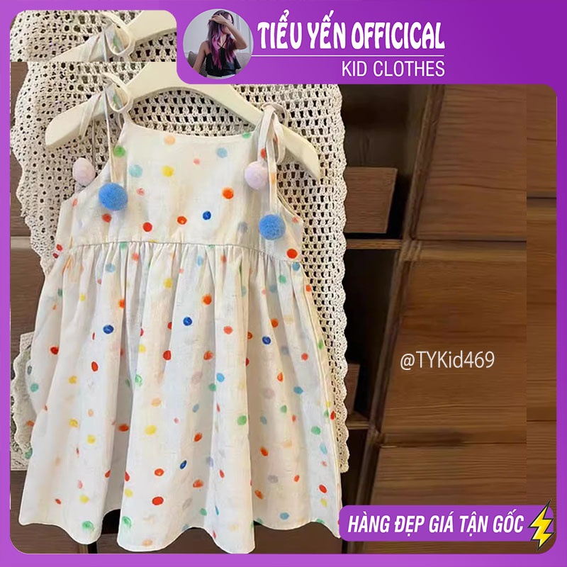 V469-Váy hè bé gái, váy 2 dây thô mềm họa tiết chấm bi Tiểu Yến KID