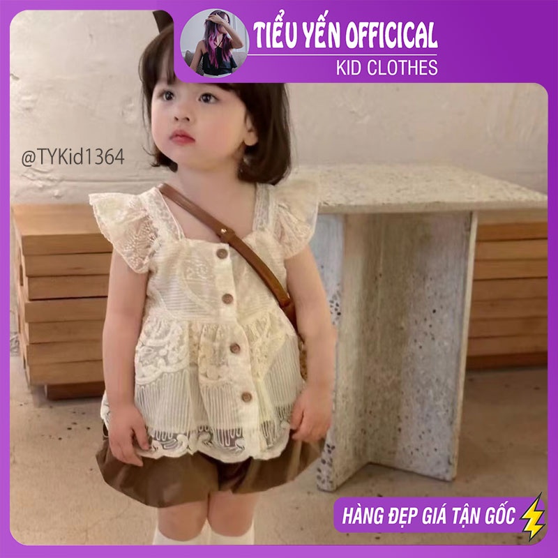 S1364-Quần áo hè bé gái cao cấp. áo 2 dây ren và quần bí nâu Tiểu Yến KID