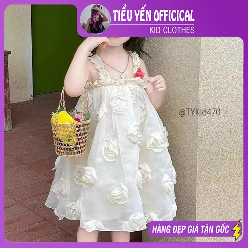 V470-Váy công chúa cao cấp bé gái, dáng 2 dây hoa 3D Tiểu Yến KID