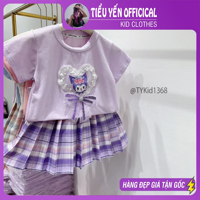 S1368-Quần áo hè bé gái, set áo kuromi và chân váy xếp ly tím Tiểu Yến KID