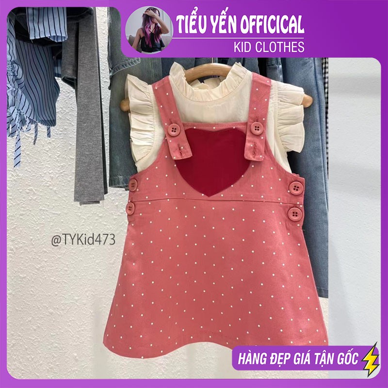 V473-Váy yếm bé gái cao cấp, set áo thô và yếm trái tim hồng Tiểu Yến KID