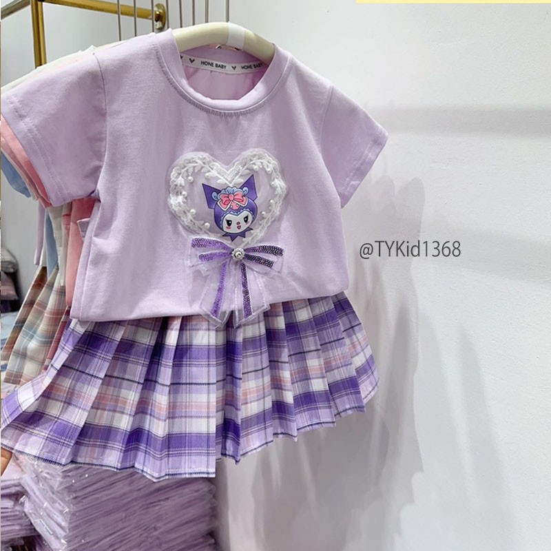 S1368-Quần áo hè bé gái, set áo kuromi và chân váy xếp ly tím Tiểu Yến KID