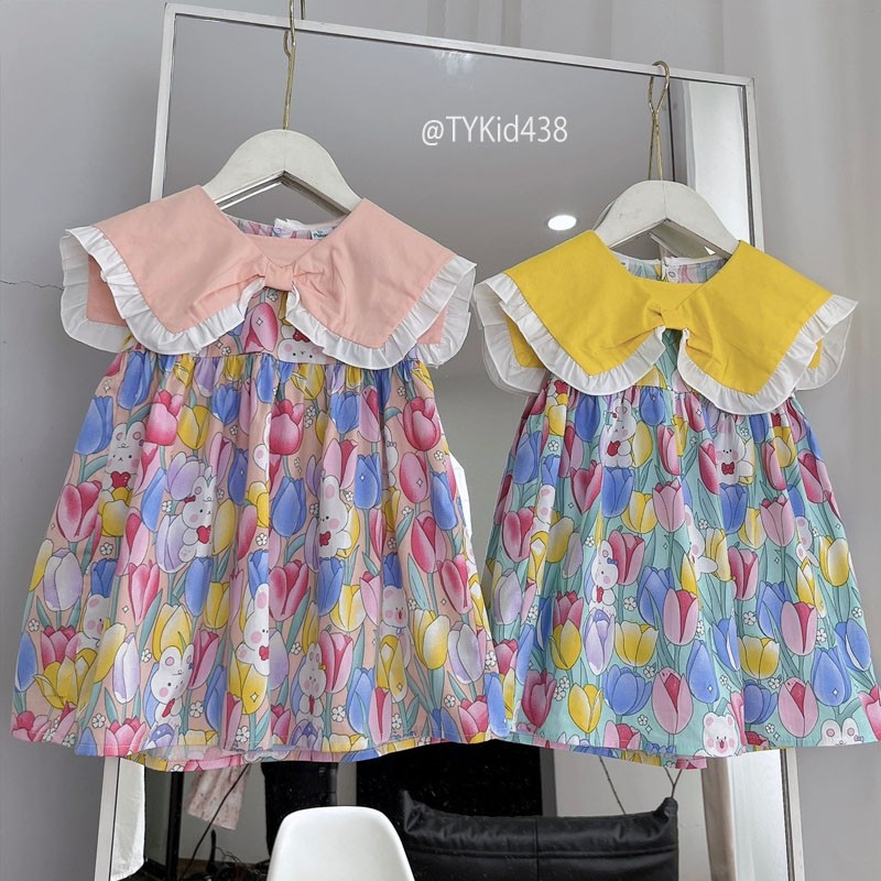 V438-Váy hè bé gái, váy thô mềm 2 màu hoa tulip Tiểu Yến KID