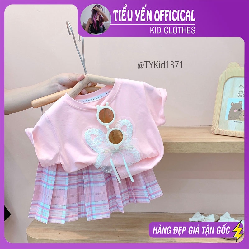 S1371-Quần áo hè bé gái, set áo thỏ hồng và chân váy xếp ly Tiểu Yến KID