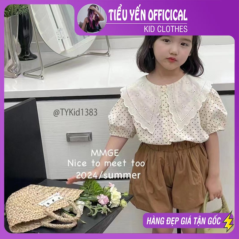 S1383-Quần áo hè bé gái phong cách Hàn, áo sơ mi thô chấm bi và quần bí nâu Tiểu Yến KID