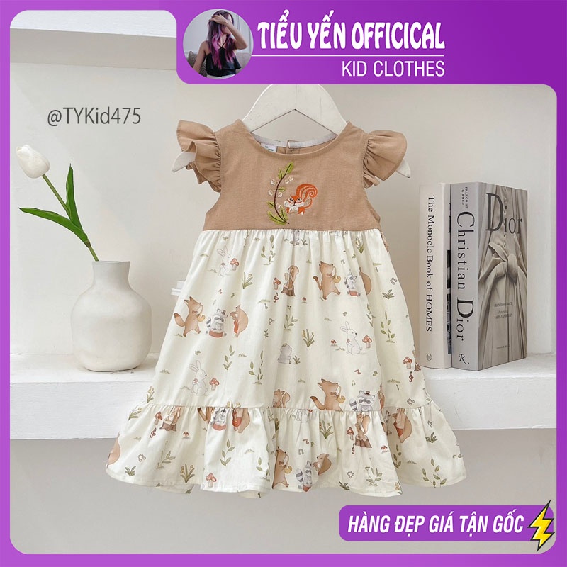 V475-Váy hè bé gái, váy thô cánh tiên họa tiết hình sóc nâu Tiểu Yến KID