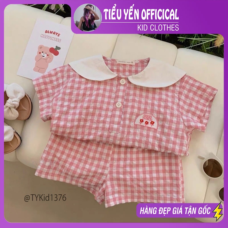 S1376-Quần áo hè bé gái, set caro thô đũi mềm mát Tiểu Yến KID