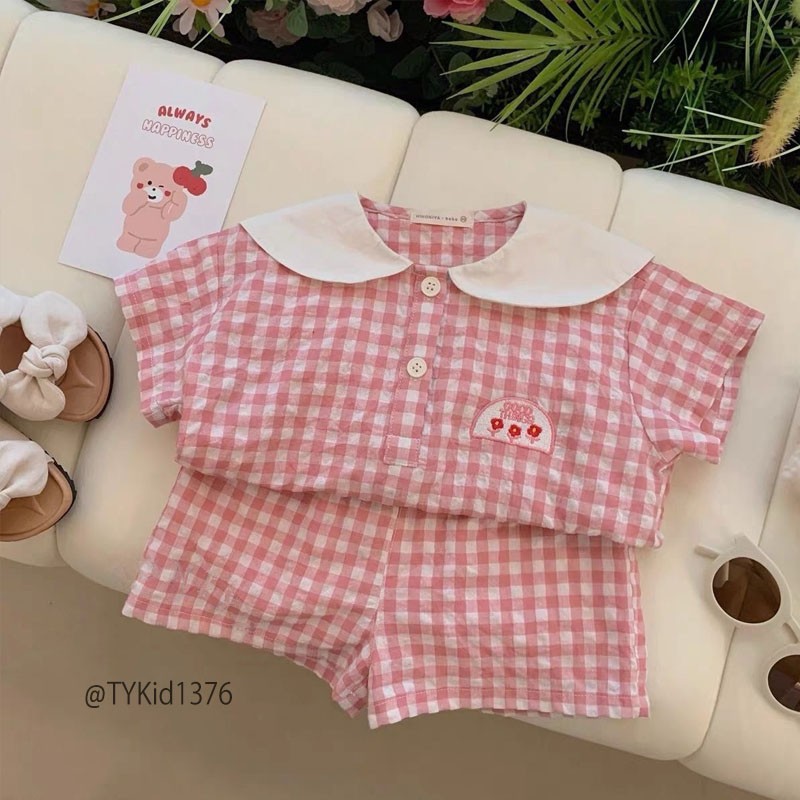 S1376-Quần áo hè bé gái, set caro thô đũi mềm mát Tiểu Yến KID