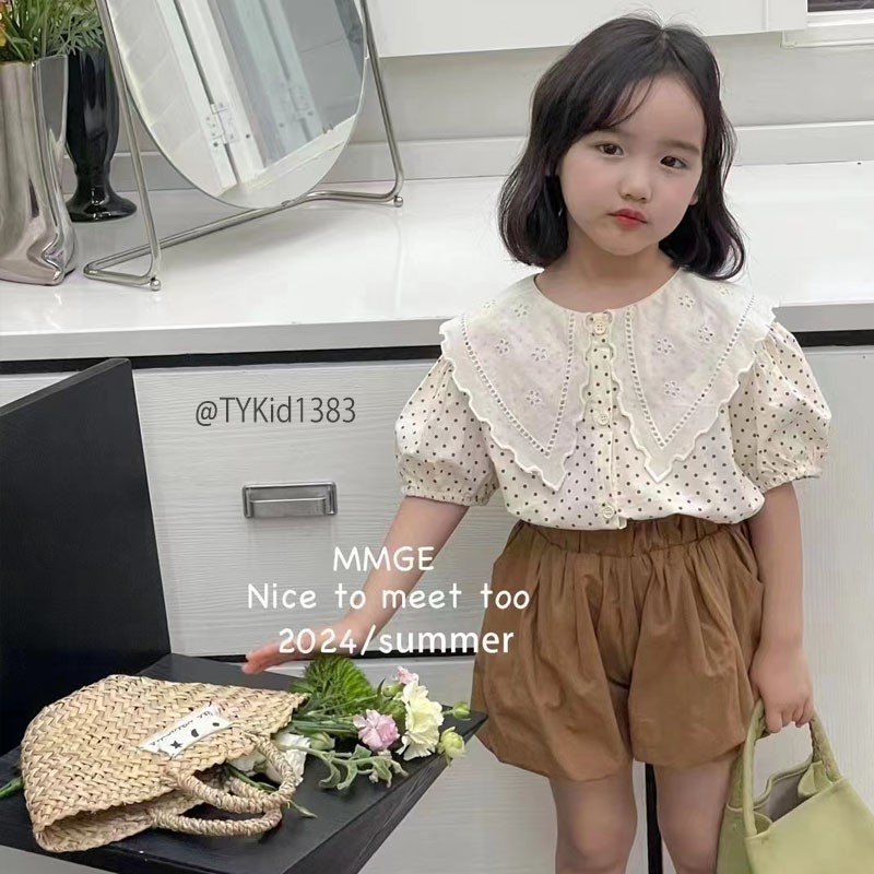 S1383-Quần áo hè bé gái phong cách Hàn, áo sơ mi thô chấm bi và quần bí nâu Tiểu Yến KID