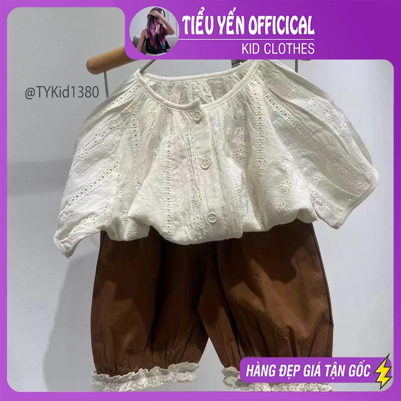 S1380-Quần áo hè bé gái phong cách Hàn, áo thô thêu hoa và quần lửng phối ren Tiểu Yến KID