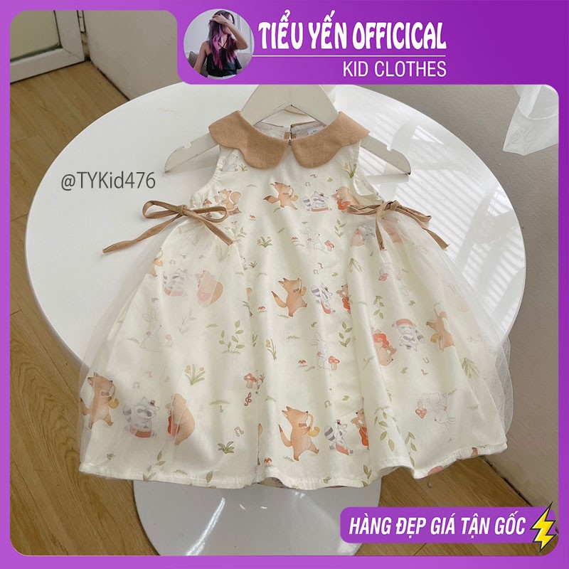 V476-Váy hè bé gái, váy thô phối voan họa tiết hình sóc nâu Tiểu Yến KID