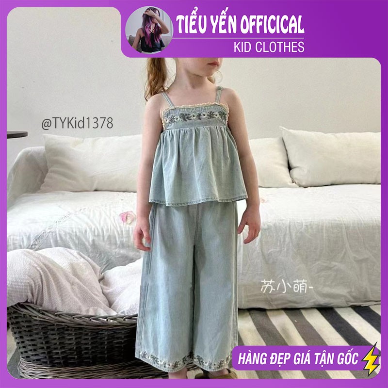 S1378-Quần áo hè bé gái cao cấp, set 2 dây jean quần suông vải mềm mát Tiểu Yến KID