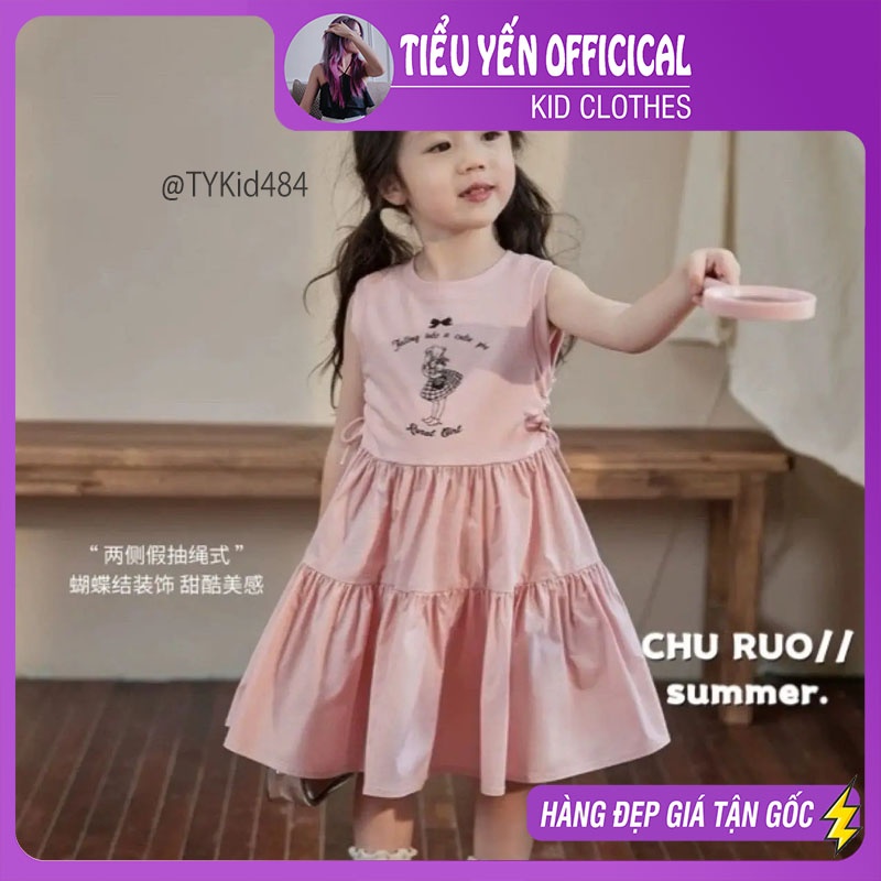 V484-Váy hè bé gái, váy sát nách dáng xòe in hoạt hình vải mềm mát Tiểu Yến KID