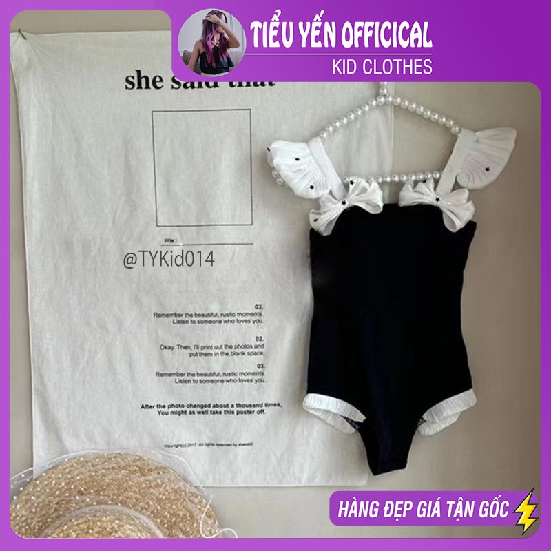 BK014-Đồ bơi bé gái, bikini bé gái liền đen 2 dây cánh tiên Tiểu Yến KID