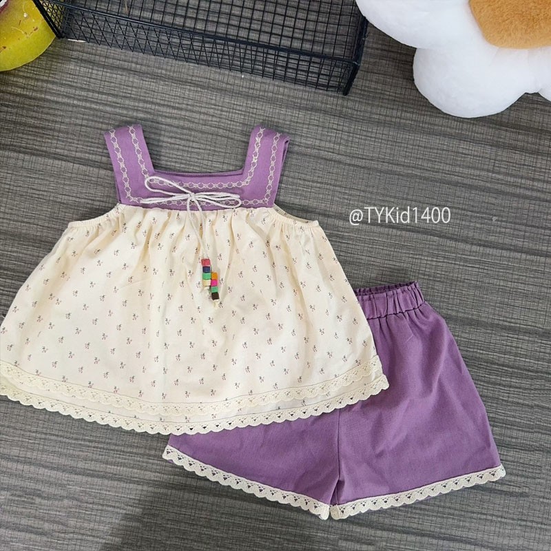 S1400-Quần áo hè bé gái, set 2 dây thô hoa tím và quần thô mềm Tiểu Yến KID