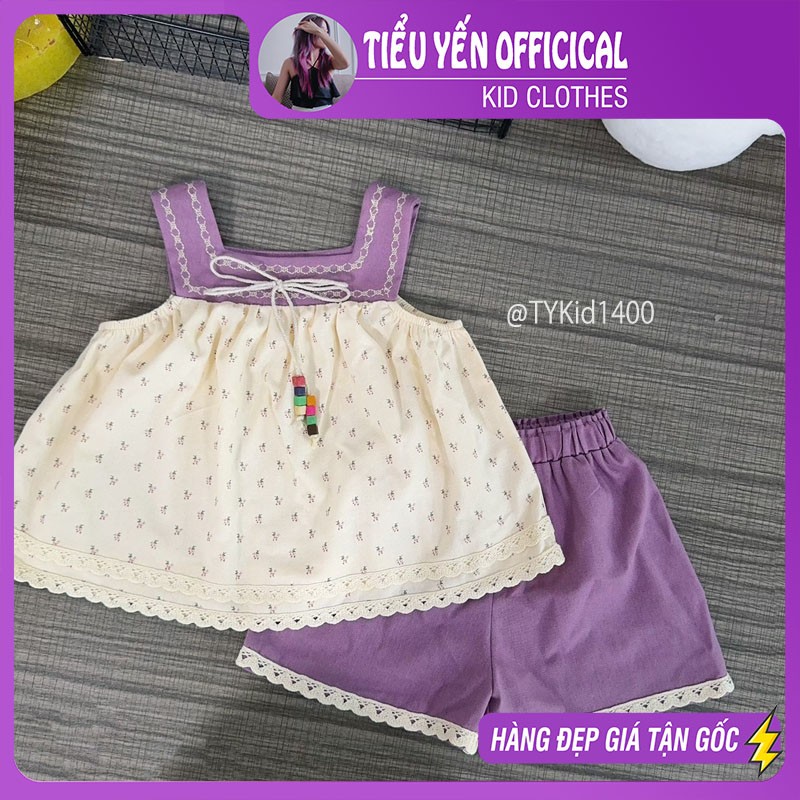 S1400-Quần áo hè bé gái, set 2 dây thô hoa tím và quần thô mềm Tiểu Yến KID