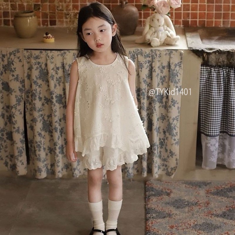 S1401-Quần áo hè bé gái cao cấp, set ren hoa mềm mại Tiểu Yến KID