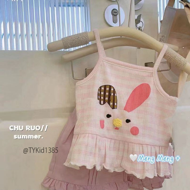 S1385-Quần áo hè bé gái, set áo 2 dây thỏ và quần hồng Tiểu Yến KID