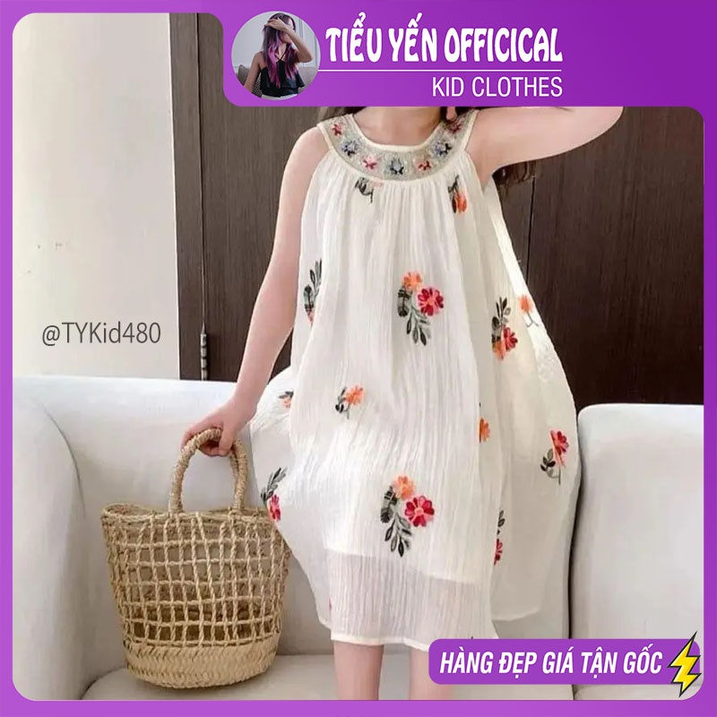 V480-Váy hè cao cấp bé gái, dáng cổ yếm voan tơ mềm thêu hoa Tiểu Yến KID